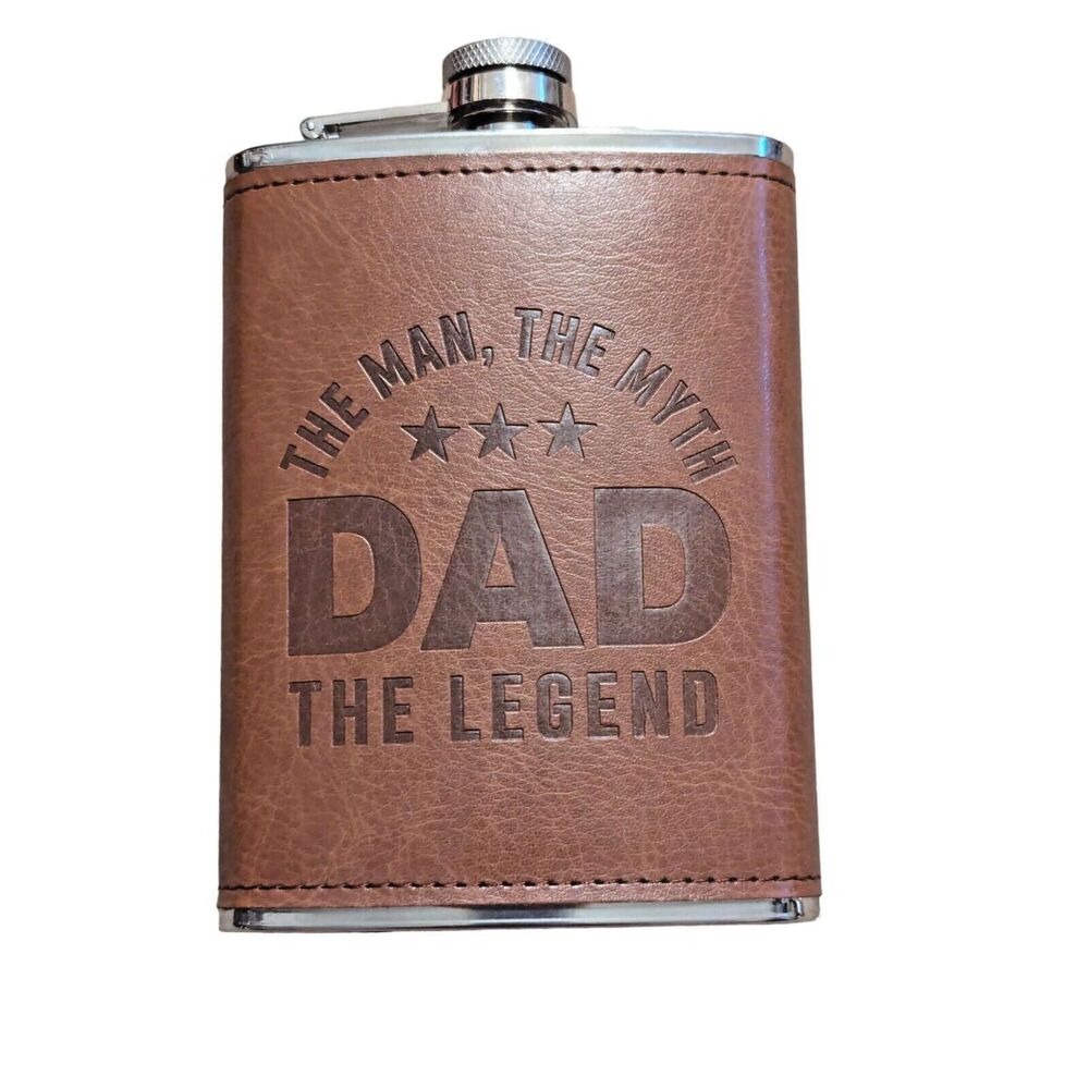 Dad The Man Myth Flask Stainless Steel Embossed Brown Faux Leather Wrap 8oz Gift